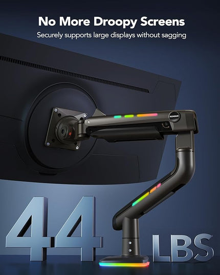 HUANUO TitanLift Monitor Arm for Ultrawide Screens up to 49″, Heavy-Duty Single Mount Holds 44 lbs, Fully Adjustable Gaming Monitor Arm with C-Clamp & Grommet Base, Max VESA 100 x 100mm, RGB