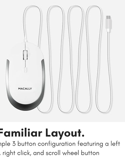 Macally Wired USB C Mouse for Mac & Windows - 3 Button & Scroll Wheel USB Type C Mouse - Comfortable Ambidextrous Design - Compact Wired Mouse with Optical Sensor & DPI Switch 800/1200/1600/2400