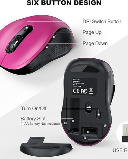WisFox 2.4G Wireless Mouse for Laptop, Ergonomic Computer Mouse with USB Receiver and Type-C Adapter, 3 Adjustable Levels, 6 Button Cordless Wireless Mice for Windows Mac PC Notebook (Fuchsia)