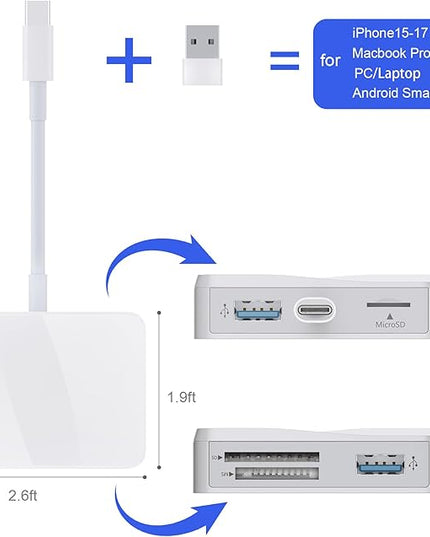 SD Card Reader, 5 in 1 USB-C & USB Card Adapter with SD/MicroSD/MS and Dual USB-A Ports Memory Card Reader for iPhone 17/16/15 Pro Max iPad MacBook Pro/Air M4/M3 Android Phone/Tablet PC (White)
