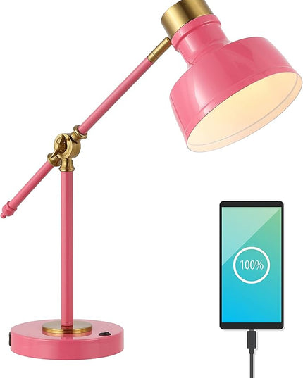JONATHAN Y JYL7124D Allegra 18.5" Adjustable Cantilever LED Task Lamp, USB Charging Port, Classic, Coastal, Industrial, Farmhouse, Traditional for Bedroom, Living Room, Office, Pink/Brass Gold