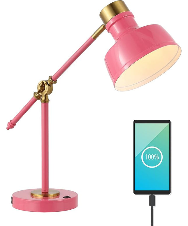 JONATHAN Y JYL7124D Allegra 18.5" Adjustable Cantilever LED Task Lamp, USB Charging Port, Classic, Coastal, Industrial, Farmhouse, Traditional for Bedroom, Living Room, Office, Pink/Brass Gold