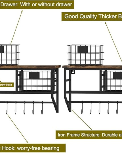 Helsin Industrial Wall Mounted Metal Wood Floating Shelves with Baskets Hooks Hanging Display Shelf Sundries Holder for Coffee Bar Kitchen Bathroom Organization and Home Decor, Black (16inch, 2 Sets)