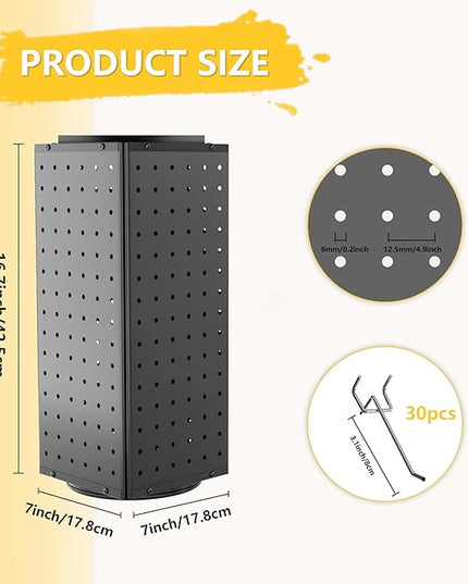 BYCY Rotating Pegboard Display Stand with 30 Hooks,Metal Spinning Peg Board Displays for Craft Shows,4-Sided Jewelry and Accessories Display Racks for Markets,Vendors,Events&Retail Stores (Black)