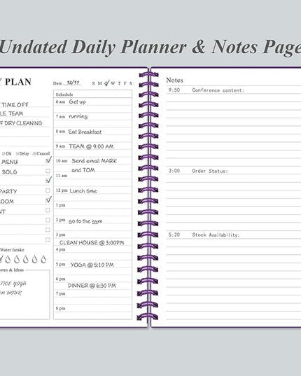 Daily Planner Undated - A5 To Do List Notebook Hourly Schedules, Spiral Appointment Planner for Women and Men, PVC Hardcover, Inner Pocket, Elastic Closure, 5.8" x 8.3", Purple