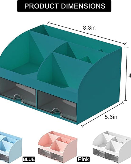 Desk Organizer with 6 Compartments and 2 Drawers, Plastic Makeup Organizer, Pen Holder for Desktop Storage, Desk Organization for School, Home, Office Supplies (Dark Green)