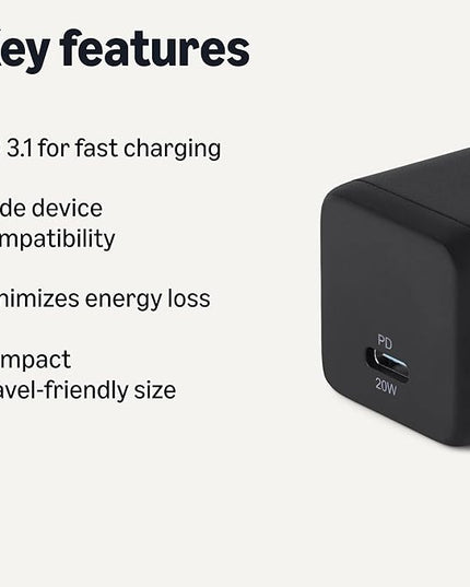 Amazon Basics Fast Charging USB C Nano GaN Wall Charger, 20W 1-Port PD 3.1 for Tablets Phones, Black