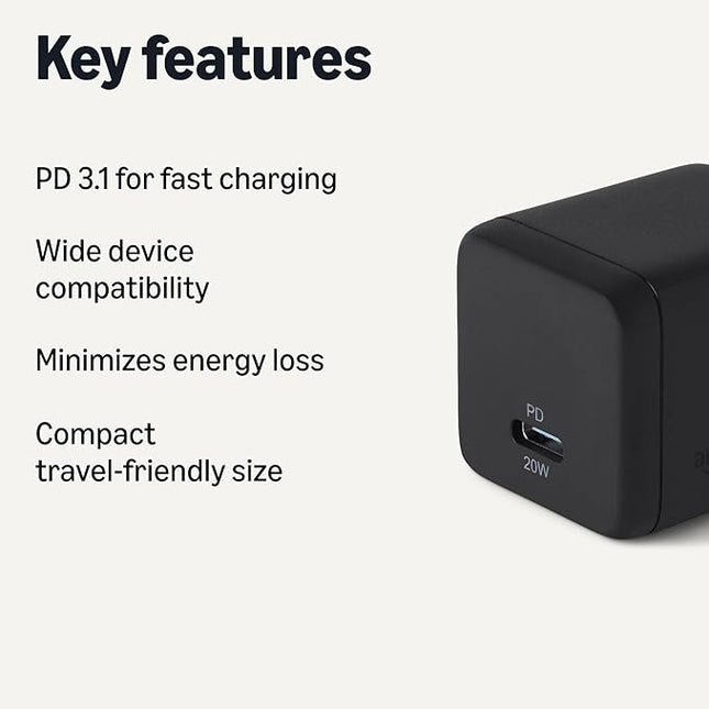 Amazon Basics Fast Charging USB C Nano GaN Wall Charger, 20W 1-Port PD 3.1 for Tablets Phones, Black