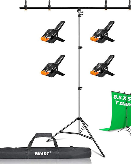EMART 8.5 x 5ft Portable T-Shape Backdrop Stand Kit with Adjustable Frame, 4 Spring Clamps & Carry Bag for Parties, Photography, Video, and Studio Background Support