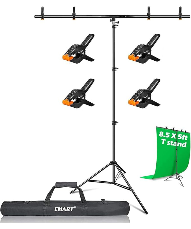 EMART 8.5 x 5ft Portable T-Shape Backdrop Stand Kit with Adjustable Frame, 4 Spring Clamps & Carry Bag for Parties, Photography, Video, and Studio Background Support