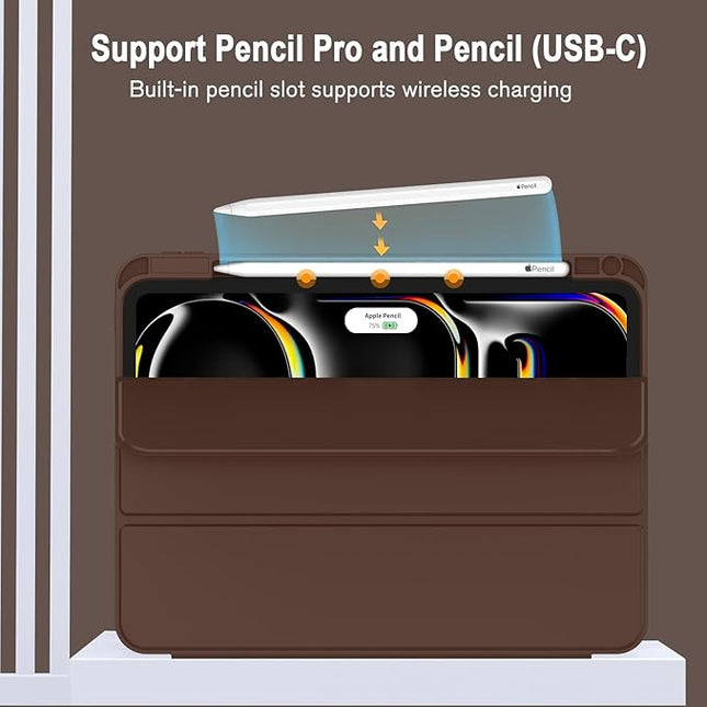 ZryXal iPad Pro 11 Inch Case (M5) 2025/ (M4) 2024 (Model: A2836/A2837/A3006), Trifold Stand Smart Cover with Pencil Holder and Soft TPU Back, Auto Wake/Sleep (Chocolate)