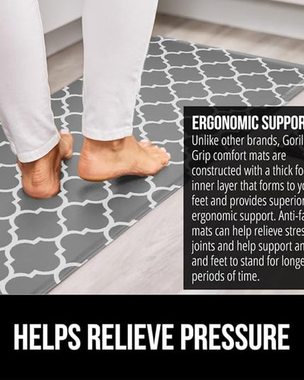 GORILLA GRIP 2 Pack Comfortable Cushioned Kitchen Mats for Floor, 17x29 + 17x59, Waterproof, Stain Resistant, 1/2 Inch Thick Ergonomic Standing Desk Anti Fatigue Mat, Foam Supports Feet, Grey White