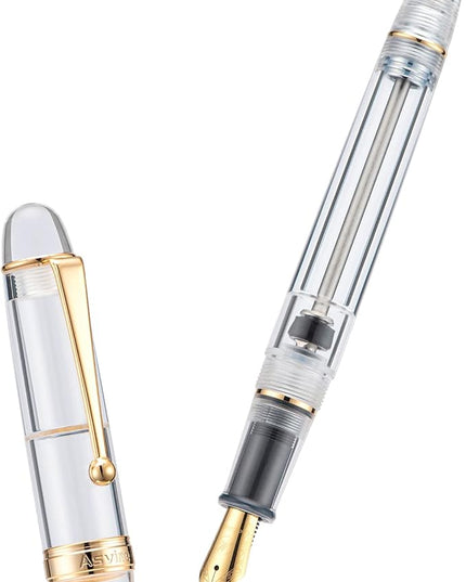Asvine V126 Vacuum Filling Fountain Gold Plated Fine Point, Clear Demonstrator Pen, Large-Capacity with Gift Case