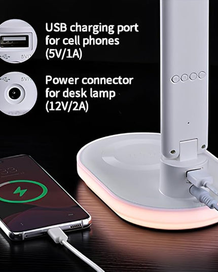 IHAO Luxury Multifunctional LED Desk Lamp10W Qi Wireless Charger Digital Alarm Clock Ambient Light & Temperature Display Adjustable Eye-Care Table Lamp with Leather Texture Design Table Lamp-U20 White