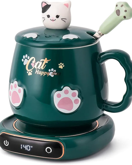 Bgbg Coffee Mug Warmer & Cute Cat Mug Set, Beverage Cup Warmer for Desk Home Office with Three Temperature Up to 140℉/ 60℃, Coffee Warmer for Cocoa Milk Tea Water Candle, 8 Hours Auto Shut Off