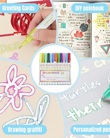 Dual-Line Highlighter, Double Line Outline Pen Sparkle Markers Colorful Art Pens for Writing, Scrapbooking, Coloring and, Journal Drawing, Greeting Cards (8 pcs)