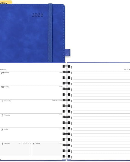 POPRUN 2026 Planner Weekly Notebook (Jan-Dec), Medium 8.5''x 6.5'' - Agenda 2026 Calendar Book with Monthly Tabs, Inner Pocket, Spiral Soft Cover, 100 GSM - Royal Blue