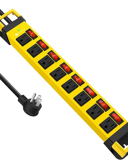 Heavy Duty Power Strip with Individual Switches,8 Outlets 14 Gauge Industrial Shop Garage Metal Multiple Outlets,1200J Surge Protector Mountable Power Strip,6FT Extension Cord Management(Yellow)