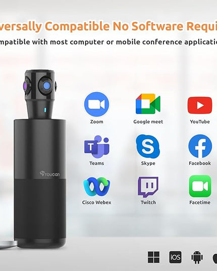 TOUCAN 360-Degree Video Conference Camera, 1080p HD Webcam with 4 Noise Reduction Mics, Speaker, AI Tracking, Works with Zoom, Google Voice, Microsoft Teams and More, for PC/Mac/Tablet