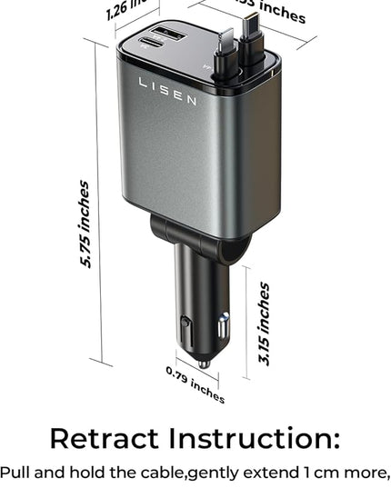 LISEN Retractable Car Charger, for Gifts for Him Her, 69W Cars Adapter USB C Fast Charger for iPhone 17-11, Car Accessories Gadgets for Men, Anniversary Birthday Gifts for Men Women, for Samsung