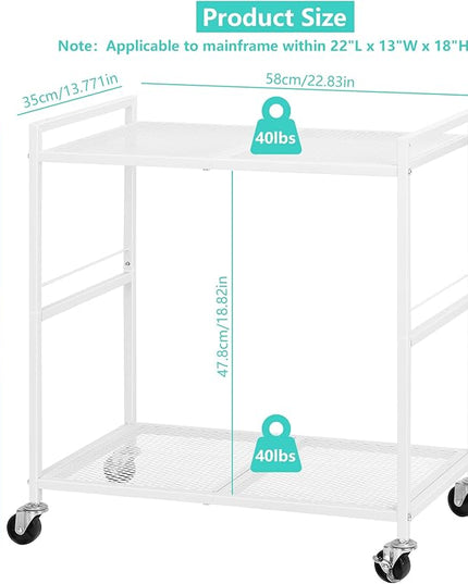 YBING Computer Tower Stand White PC Tower Stand 2 Tier CPU Holder with Wheels Metal Mobile Computer Tower Cart Rolling PC Cart Floor for Fax Home Office