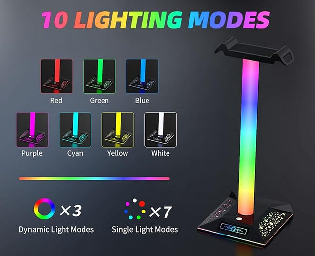 RGB Gaming Headset Stand, LED Headset Holder with 10 Lighting Modes, Headphone Stand Cool Stuff for Boys, Desk PC Gaming Accessories Gifts for Gamers Men Adult, Medium