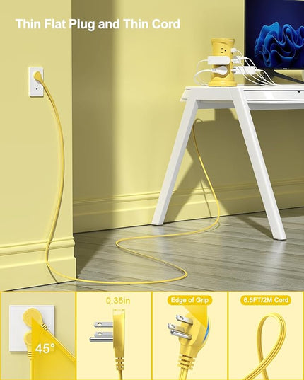 Tower Power Strips with Surge Protection, 6.5FT Flat Extension Cord with Multiple Outlets, 12 AC 4 USB Ports(2 Type C), Flat Plug Surge Protector Power Strip with Screw Wall Mount for Home Office Dorm
