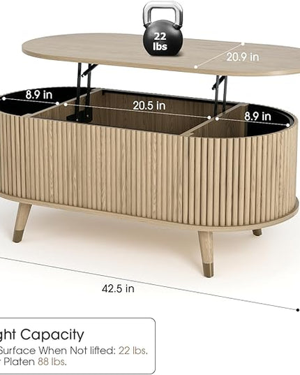 JOINICE 42.5" Oval Lift Top Coffee Table with Storage, Mid Century Modern Oak Center Table with Fluted Panel, Solid Wood Legs & Hidden Compartment for Living Room