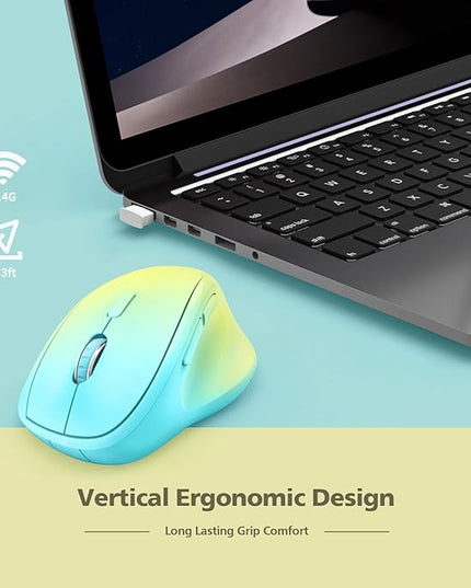 Ergonomic Wireless Mouse with USB Receiver for PC Computer, Laptop and Desktop, Ergo Mouse Vertical with Silent Clicks Long Battery Life, Up to 1600 DPI & 1 AA Battery Powered, YellowBlue
