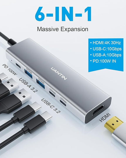 USB-C Hub (6-in-1) Multiport Adapter with 10Gbps USB C 3.2 & USB-A 3.2 4K HDMI, 100W Power Delivery, USBC Dongle for MacBook Pro/Air, iPad Pro, ThinkPad, iMac and More