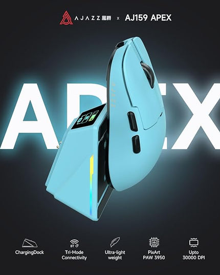 AJAZZ AJ159 APEX Wireless Gaming Mouse 2.4G Wired BT|RGB Magnetic Screen Charging Dock|Lightweight|42K Optical Tracking|400mAh Battery |PAW3950APEX Sensor.