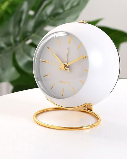 SHISEDECO Small Tableclocks Classic Non-Ticking Tabletop Alarm Clock with Night Light, Battery Operated Deskclock with HD Glass for Living Room Bedroom Bedside Indoor Decor (RN-White)