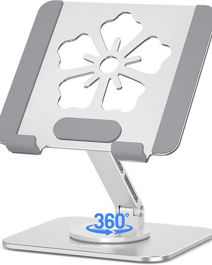 Tablet Stand for iPad, 360° Rotating Aluminum Foldable Holder – Adjustable Desk Stand | Fits iPad Pro 12.9/11,Samsung Galaxy Tab – Portable for Home, Office & Travel,Silver