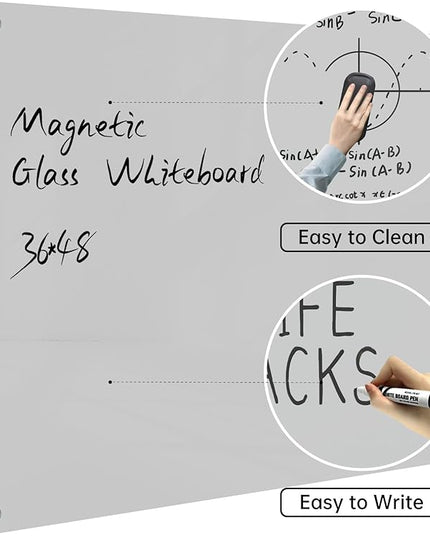 Magnetic Glass Dry Erase Board - White Board 48 x 36 Inch Wall Mounted Glass Whiteboard, Large Frameless Glass White Board for Wall Office, Home & School, Gray