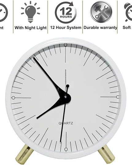 SHISEDECO Alarm Clock with Backlight, 4.5 inches Bedside Analog Non-Ticking Silent Small Deskclock with Arabic Numerals, Battery Operated Round Tableclock for Living Room, Bedroom (White-S)