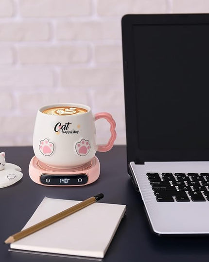 Bgbg Coffee Mug Warmer & Cute Cat Mug Set, Beverage Cup Warmer for Desk Home Office with Three Temperature Up to 140℉/ 60℃, Coffee Warmer for Cocoa Milk Tea Water Candle, 8 Hours Auto Shut Off