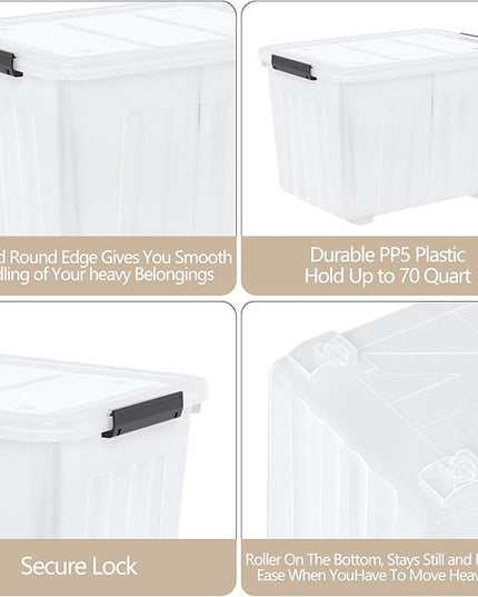 Zopnny 4-Pack Storage Box, 70 Quart Storage Container with Lids and Secure Latching Buckles, Plastic Wheeled Storage Bin Stackable and Nestable, Ideal for Home and Industrial Storage
