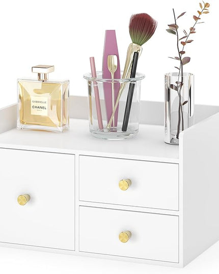 Bamboo Desk Organizer with Drawers Wooden Desktop Storage Drawers for Bills Office Supplies Kitchen Utensils Organizing Tool for Home Classroom Organization No Assembly (3 Drawer, White)