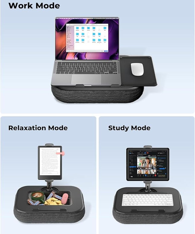 Viozon Kindle Pillow Stand Holder, Phone holder for Bed, Laptop Lap Desk with Mouse Pad,Compatible with 4.7-13" Kindle/Tablet/Phone,10-15"Laptop, Snack Bowl&Cup Attachment&Detachable 360°Stand Arm, B