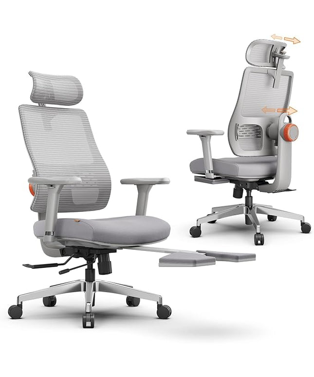 Newtral Office Chair Ergonomic with Footrest, Auto-Following Lumbar Support, High Back Desk Chair with 4D Armrest,136° Tilt Lock, Adjustable Seat Depth & Height (Supreme, Grey)