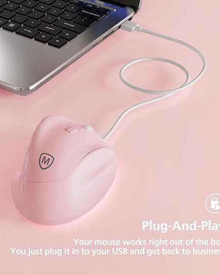 Micropack Ergonomic Mouse Wired for Laptop, PC Computer and Desktop, Ergo Mouse Vertical with Silent Clicks, Up to 3200 DPI Adjustable Mouse Sensitivity, Pink