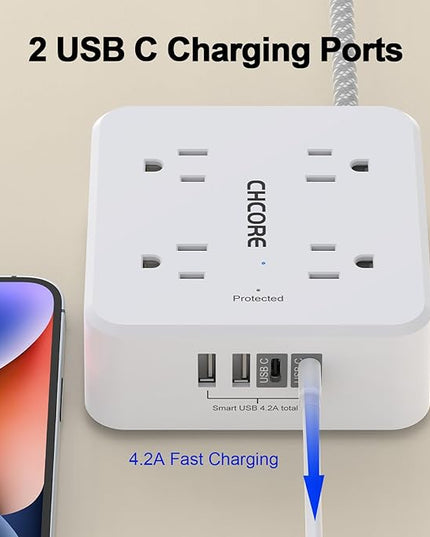Surge Protector Power Strip - CHCORE 20Ft Braided Extension Cord with 8 Outlets with 4 USB (2 USB C) Charging Ports, Flat Plug Multi Plug Outlet Extender Charging Station for Home Office, ETL, White