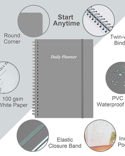 Daily Planner Undated - A5 To Do List Notebook Hourly Schedules, Spiral Appointment Planner for Women and Men, PVC Hardcover, Inner Pocket, Elastic Closure, 5.8" x 8.3", Grey