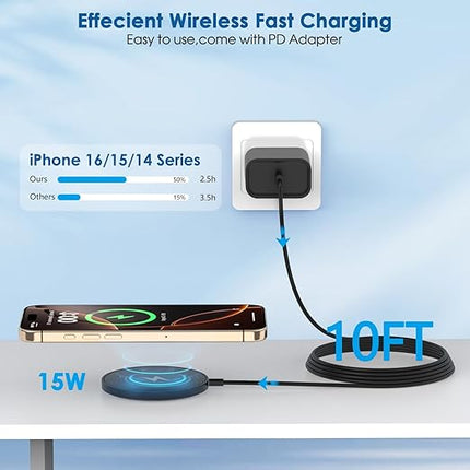 Magnetic Wireless Charger for iPhone 16, 2Pack 10FT 15W Fast Mag-Safe Charger, Wireless Charging Pad with USB C Fast Charging Block for iPhone 16 Pro Max/15/14/13/12/Plus/Pro/Pro Max,AirPods 3/2/Pro 2