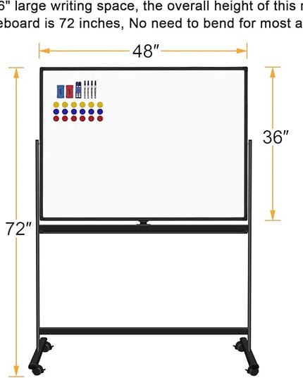 H-Qprobd 48"x36" Mobile Whiteboard Double-Sided Magnetic Dry Erase Board on Wheels - Comercial Rolling White Boards with Sturdy Stand for Home, Office & School
