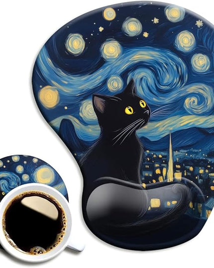 Ergonomic Mouse Pad with Wrist Support,Mouse Pad with Wrist Rest and Coaster Set,Office Supplies Non-Slip Mouse Pads for Desk, Non-Slip Comfortable,Cute Black Cat