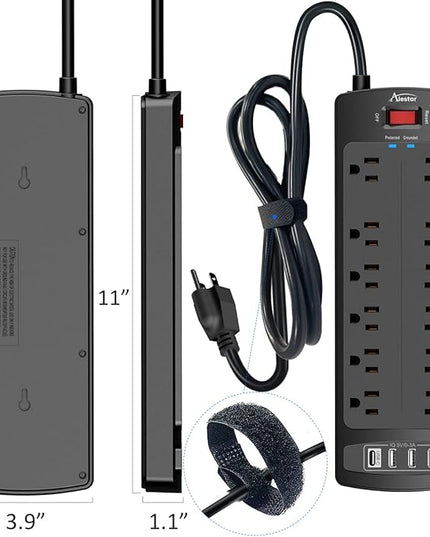 Power Strip, ALESTOR Surge Protector with 12 Outlets and 4 USB Ports, 6 Feet Extension Cord (1875W/15A), 2700 Joules, ETL Listed, Black