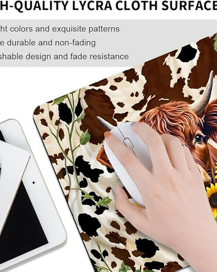 Western Highland Cow Sunflowers and Cowhide Brown Square Mouse pad, Texture, Waterproof, Anti Slip Rubber Base, Computer Mouse pad