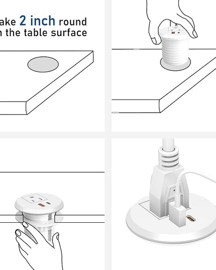 Desktop Power Grommet 2 Inch Hole, PD 30W USB C Fast Charging Station, Recessed Outlet, Ultra Thin Flat Plug Power Strip, Slim Extender, Table Outlets for Home, Office, 6ft Cord, White