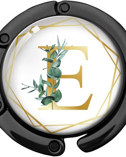 Gold Initial Foldable Purse Hook Gifts, Eucalyptus Letter Handbag Hanger, Women's Bag Hanger Holder, Round Purse Table Hook, Funny Desk Decor Gifts for Women Coworker Friend (Eucalyptus E)
